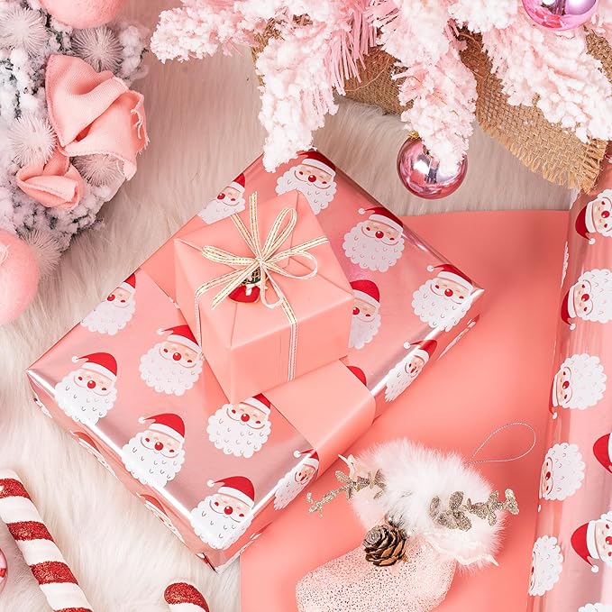 WRAPAHOLIC Reversible Christmas Wrapping Paper - Mini Roll - 17 Inch x 33 Feet - Santa Claus Wrapping Paper and Solid Rose Gold Design with Metallic Foil Shine for Chrsitmas, Holiday, Party