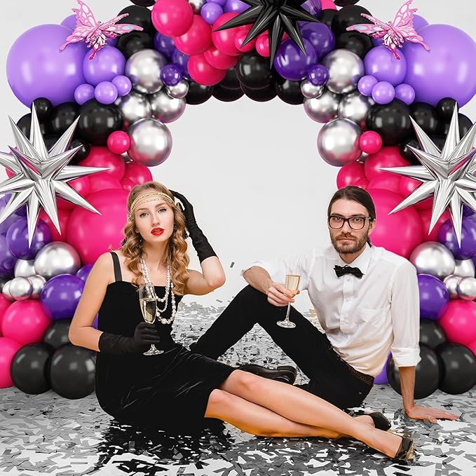Hot Pink and Purple Balloon Arch Kit, Purple Black Balloon Garland with Star Foil Balloons for Wedding Birthday Graduation Engagement Party Decorations