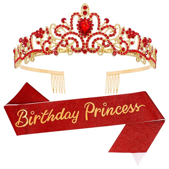Velscrun Princess Crown, Tiara & Sash Set for Girls, Red, Wedding & Party Accessory