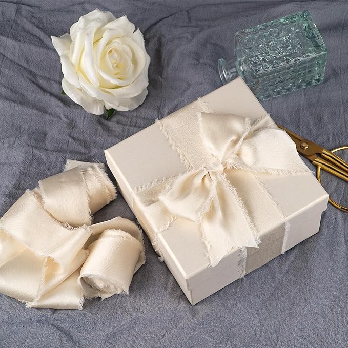 Satin Silk Ribbon, Ivory White Ribbon for Wrapping, 1-1/2 inch x 15 Yd Handmade Frayed Fringe Ribbon, for Wedding Engagement Birthday Showers Craft Flower Bouquet Invitation Decor, 3 Rolls