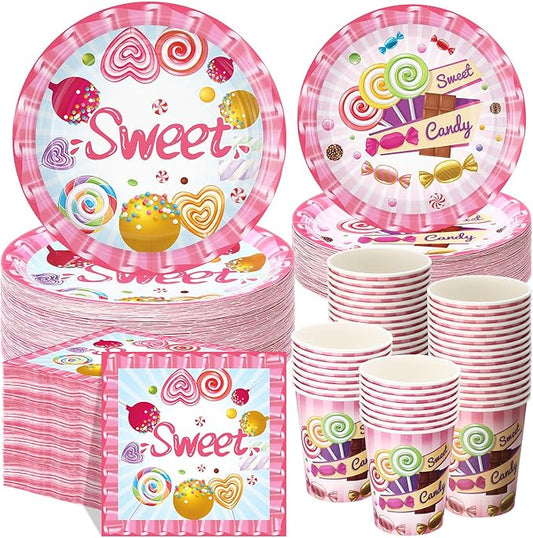 250 Pcs Candyland Party Decorations Sweet Candy Lollipop Paper Plates Cups and Napkins Disposable Halloween Sweet Candy Themed Tableware Set for Baby Shower Birthday Party Supplies Serves 50