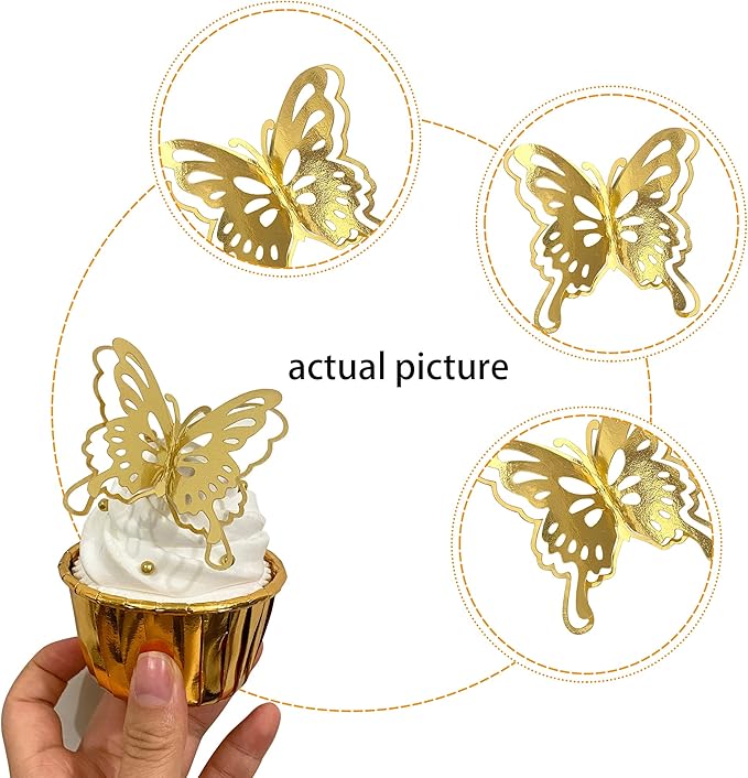 40 PCS Gold Lively 3D Butterfly Cupcake Toppers Mixed Size Hollow Art Butterfly Cupcake Topper Baby Shower Wedding Anniversary Birthday Party Cake Wall Decorations Supplies