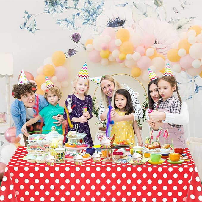 WNINK 6 Pack Red and White Polka Dot Tablecloths – Disposable Plastic Waterproof Table Cover, 54" x 108", for Birthday, Wedding, Bridal Shower, Bachelor Party, and Picnic