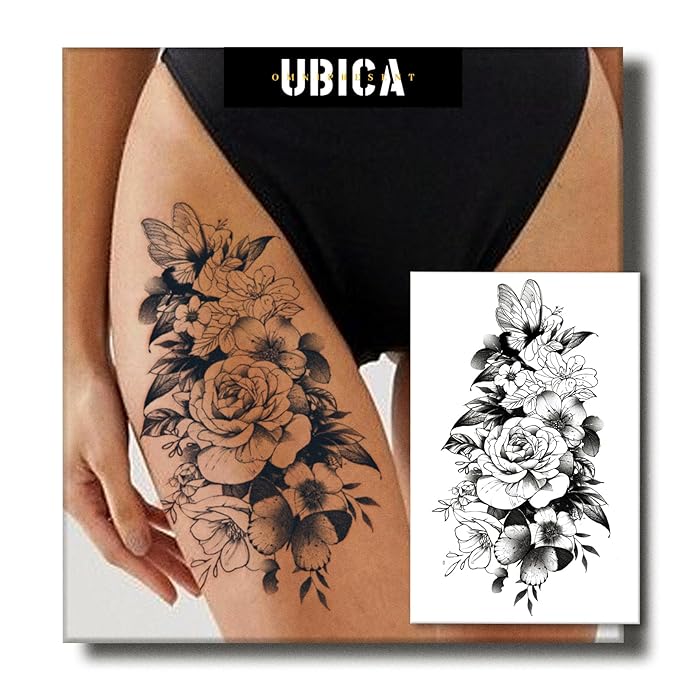 2 Sheets Semi Permanent Tattoos, Temporary Tattoo for Women, Lasts 7-15 Days Water-Resistant Fake Tattoo Stickers, Realistic Flower Design for Party (7.5x4.8 in), Non-Reflective & Safe for Skin