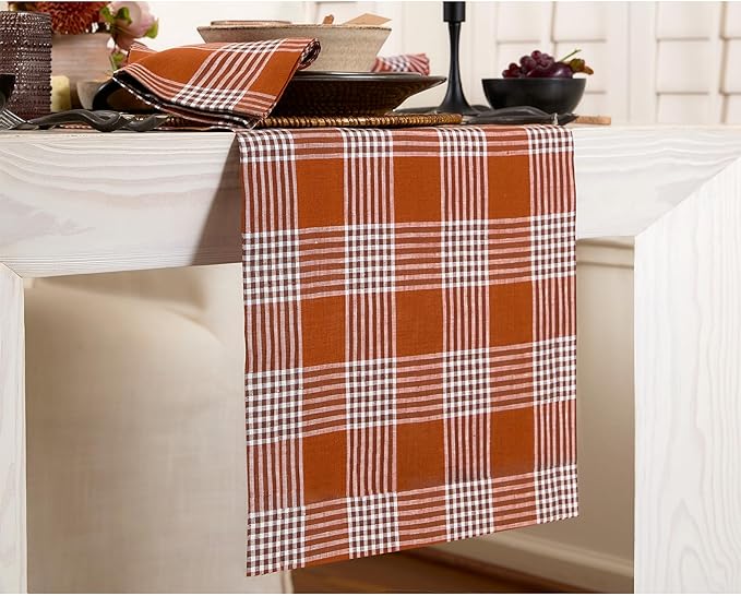 Solino Home Fall Plaid Table Runner 72 Inches Long - 100% Pure Linen Glen Check Nutmeg Table Runner 14 x 72 Inch for Dining, Dresser, Autumn, Thanksgiving