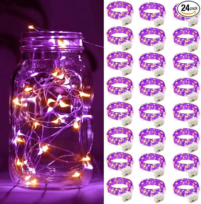 ZGWJ 24 Pack Halloween Fairy Lights Battery Operated, 7ft 20 Mini LED Halloween Fairy String Lights Silver Wire 3 Modes Waterproof for DIY, Parties, Bedroom Decorations Orange& Purple