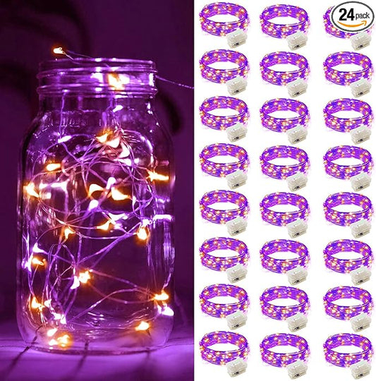 ZGWJ 24 Pack Halloween Fairy Lights Battery Operated, 7ft 20 Mini LED Halloween Fairy String Lights Silver Wire 3 Modes Waterproof for DIY, Parties, Bedroom Decorations Orange& Purple