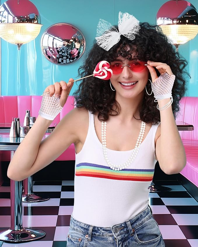 Blulu 80s Costume Accessories for Women Lace Headband Earrings Fishnet Gloves Necklace Bracelet for 80s Retro Party