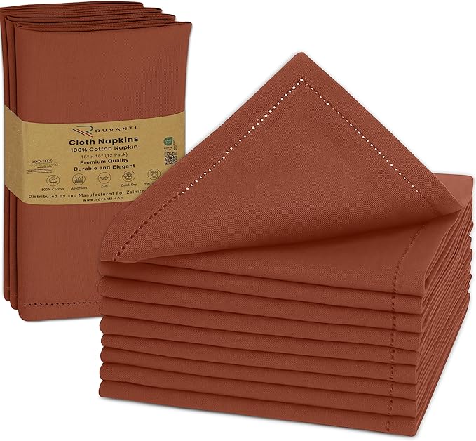 Ruvanti Cloth Napkins - 100% Cotton Dinner Napkins, Hem Stitched Corners, 18x18 Inch, 12 Pack - Soft, Absorbent, Durable, Reusable, Wrinkle Resistant for Formal Dining & Everyday Use - Rust