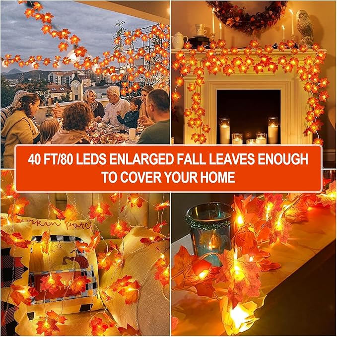 Fall Decorations Leaves Garland with Lights,Home Maple Leaf String Lights Orange-red 2 Pack 40FT 80LED Battery Operated with Timer,for Autumn Harvest Table Fireplace Porch Thanksgiving Indoor Decor