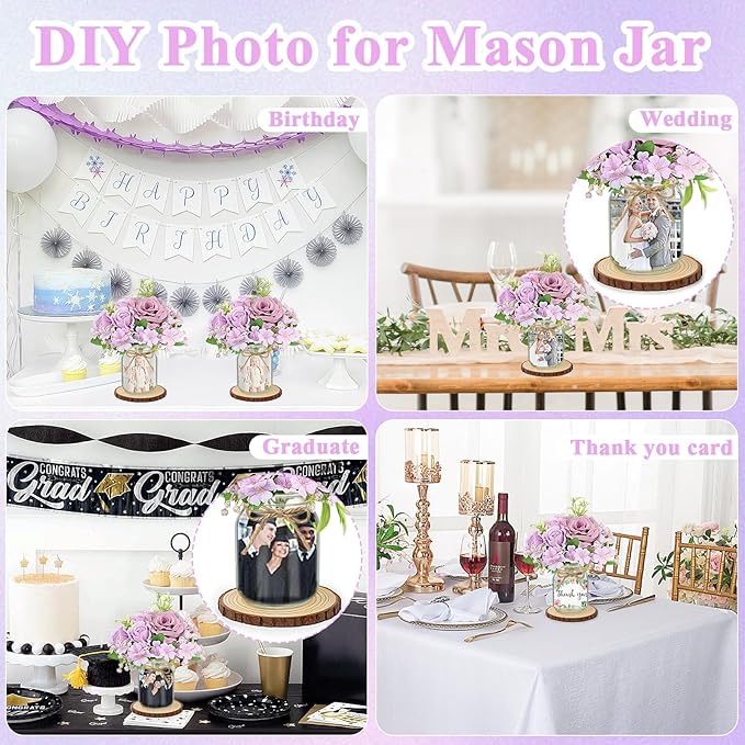 Set 6 Mason Jar Table Centerpiece - Wedding Centerpieces for Tables, Mason Jar Flower Centerpiece Vases Decor- Boho Farmhouse Rustic for Engagement, Bridal Shower, Wedding, Versatile Decor (Purple)