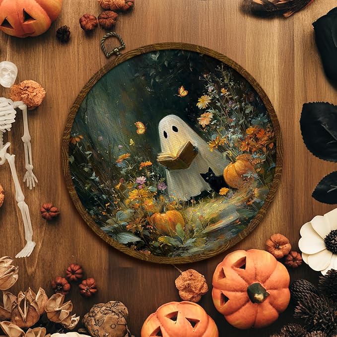 Funny Halloween Ghost and Black Cat Round Wall Art,Gothic Canvas Wall Hanging Decor, Spooky Farmhouse Vintage Round Wall Art for Bedroom Living Room Entryway, Rustic Ghost Gothic Wall Decor,Gift for Halloween 10Inch (Dark-Ghost03)