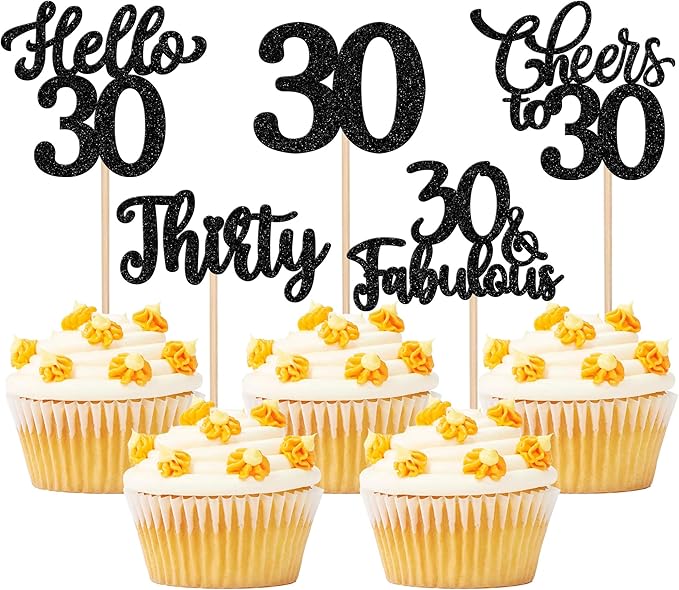 30PCS Happy 30th Birthday Cupcake Toppers Glitter Thirty Cheers to 30 Years Old Birthday Cupcake Picks Hello 30 Fabulous Cake Decorations for Happy 30th Birthday Anniversary Party Supplies Black