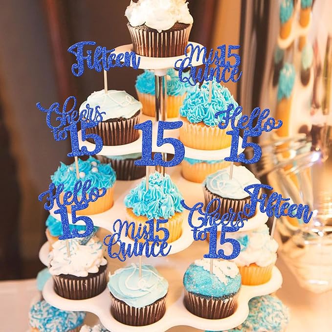 30PCS Happy 15th Birthday Cupcake Toppers Glitter Fifteen Mis Quince Hello 15 Cupcake Picks Cheers to 15 Birthday Decorations for 15th Birthday Anniversary Party Cake Decoration Supplies Blue