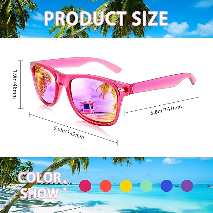 10/20 Pack Colored Sunglasses Mirrored Lens Bulk Party Glasses Classic Eyewear Birthday Beach Pool Unisex Adults