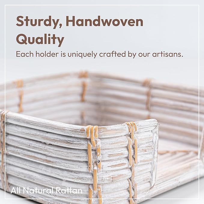 Square Rattan Napkin Holder for Bathroom – 7.5"x7.5" Handwoven Guest Towel Tray for Disposable Paper Napkins, Eco-Friendly Organizer Basket for Countertop & Vanity (White Wash)