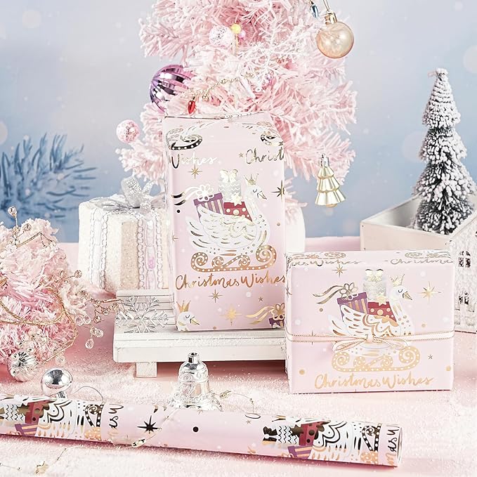 RUSPEPA Christmas Wrapping Paper Roll, Mini Roll, Pink Gold Foil Gift Wrap with Elegant Swan Sled, Presents and Christmas Wishes Design, Perfect for Girls, Women, Holiday Gift, 17 Inches x 16.4 Feet
