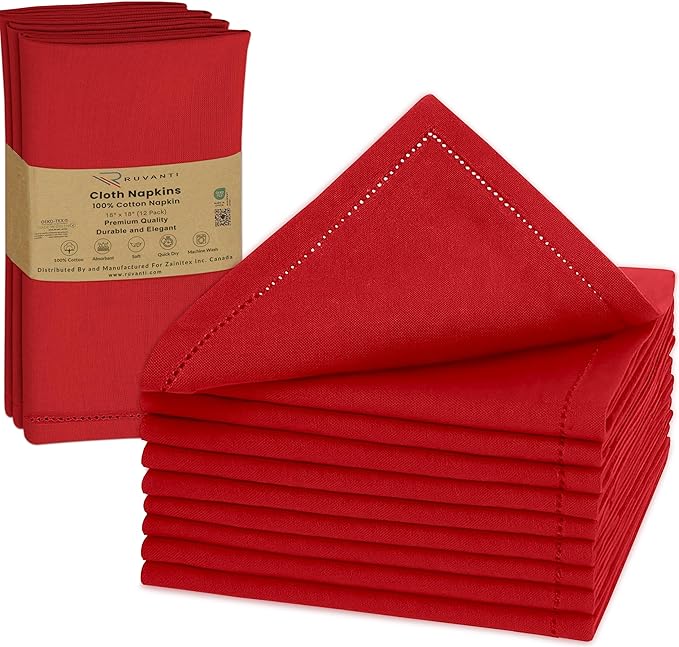 Ruvanti Cloth Napkins - 100% Cotton Dinner Napkins, Hem Stitched Corners, 18x18 Inch, 12 Pack - Soft, Absorbent, Durable, Reusable, Wrinkle Resistant for Formal Dining & Everyday Use - Flame Scarlet