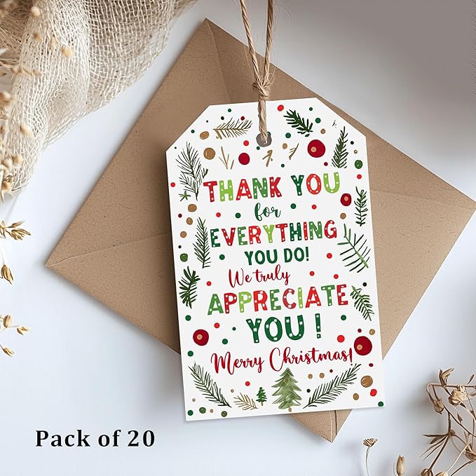 Treat for You to Say Thank You for All You Do Gift Tag We Appreciate You Christmas Gift Tags with String Employee Appreciation Company Staff Christmas Holiday Favor Tags Pack of 20 (Appreciate B)