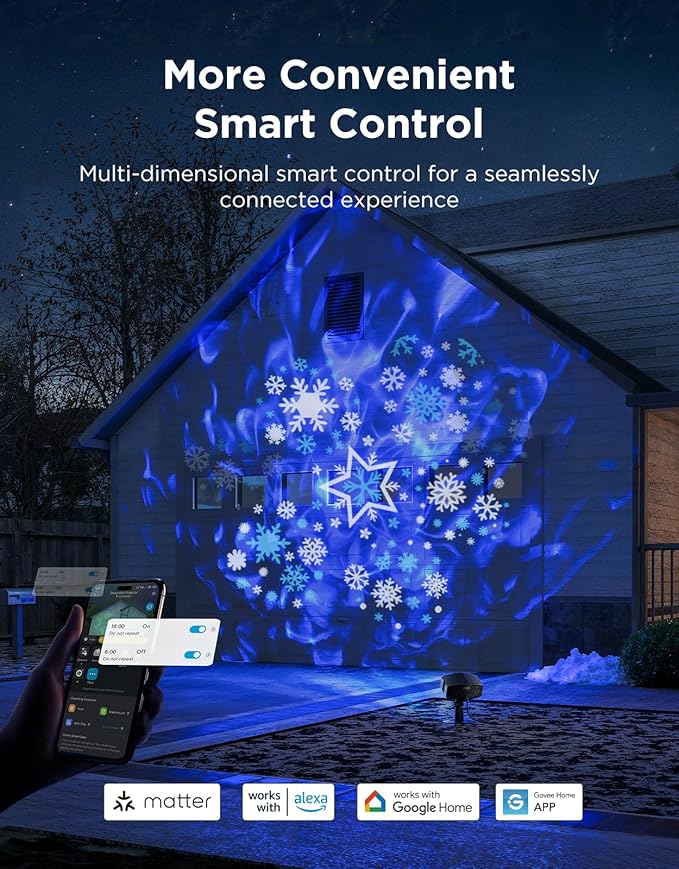 Govee Outdoor Decoration Projector Light, Upgraded LED Snowflake Projector, IP67 Waterproof, 180° Rotation, 20 HD Effects & 58 Scene Modes with App Control, Works with Alexa, Google Assistant, Matter