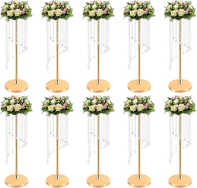 Wedding Centerpieces Gold Vases,10PCS Metal Flower Candle Holder with Sparkling Crystal Beads,Crystal Flower Vase Metal Flowers Stand for Party Tables Decorations (27.5in Gold-1)