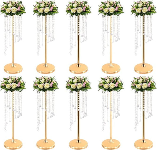 Wedding Centerpieces Gold Vases,10PCS Metal Flower Candle Holder with Sparkling Crystal Beads,Crystal Flower Vase Metal Flowers Stand for Party Tables Decorations (27.5in Gold-1)