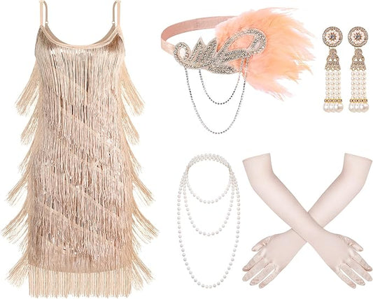 Zhanmai 6 Pcs Flapper Dress Flapper Costumes for Women 1920s Accessories Set Headband Pearl Necklace Earrings Gloves Stick