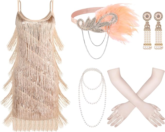 Zhanmai 6 Pcs Flapper Dress Flapper Costumes for Women 1920s Accessories Set Headband Pearl Necklace Earrings Gloves Stick