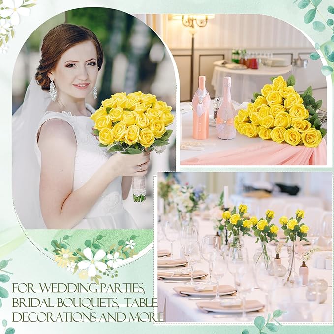 Hotop 80 Pcs Rose Artificial Flowers Bulk with Long Stem, Silk Roses Realistic Fake Flowers Bouquet for Wedding Table Centerpieces Bridal Shower Party Home Decorations(Yellow)