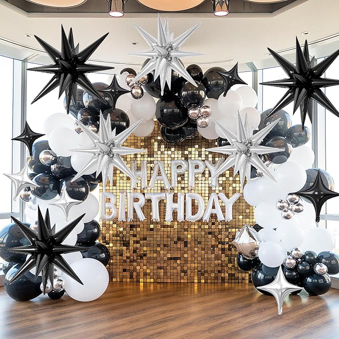 18 Pcs Black Silver Star Balloons, Silver and Black Balloon with 6 Pcs 22-Inch Explosion Star Balloons 12Pcs 10-Inch Four Pointed Stars Foil Balloon for Anniversary Birthday Party Decorations