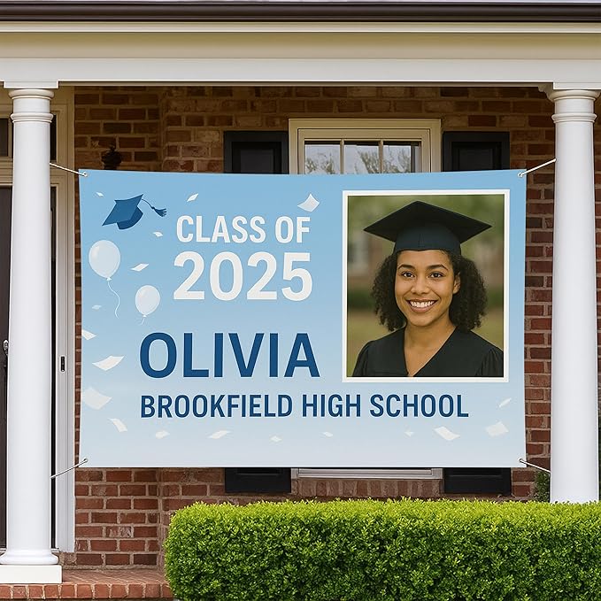 Custom Graduation Banner Class of 2025 with Photo and Name – Personalized Congrats Sign for High School or College Seniors – Indoor Outdoor Graduation Party Decoration
