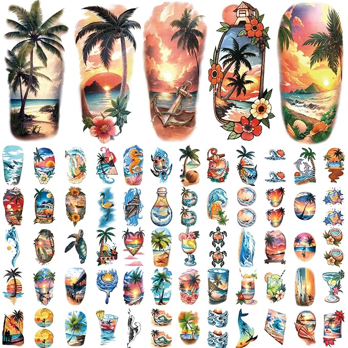 77 Sheets Temporary Tattoo for Women and Men, 17 Sheets Half Arm Beach Flower Skull Sunset Fake Tattoos, 60 Sheets Holiday Ocean Tiny for Adults Kids Body Tattoos Stickers Waterproof Realistic