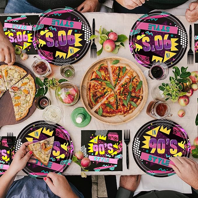 96 PCS Back to the 90s Party Decorations Supplies, Birthday Party Tableware Set 90s Party Dessert Plates Napkins Forks for 24 Guests 80s Favors
