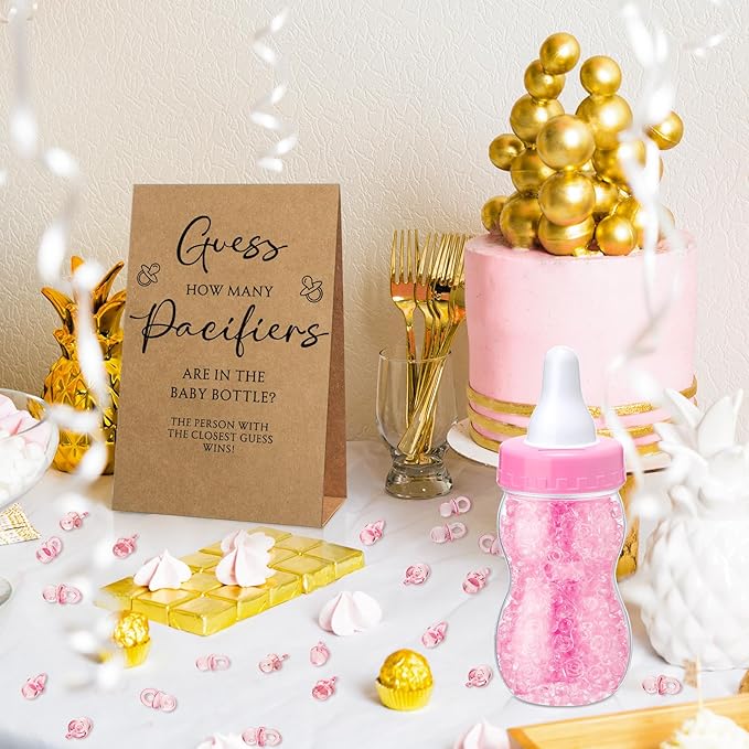 Roowest 512 Pcs Baby Shower Games Guess How Many Pacifiers Sign 100 Small Guessing Games 10 HB Pencils 750ml Milk Bottle 400 Acrylic Pacifiers Decoration for Guest Gender Reveal(Pink,Kraft)