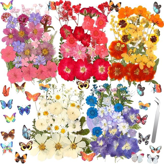 269 PCS Dried Pressed Flowers for Resin Crafts, Bulk Real Nature Pressed Flowers Set Dried Wildflowers Leaves with Butterfly Stickers Tweezers for Jewelry Making DIY Scrapbook Floral Frame Decors