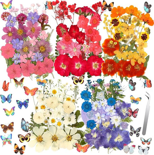 269 PCS Dried Pressed Flowers for Resin Crafts, Bulk Real Nature Pressed Flowers Set Dried Wildflowers Leaves with Butterfly Stickers Tweezers for Jewelry Making DIY Scrapbook Floral Frame Decors