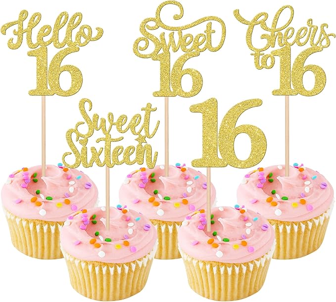 30PCS Happy 16th Birthday Cupcake Toppers Glitter Sweet Sixteen Hello 16 Cupcake Picks Cheers to 16 Birthday Decorations for 16th Birthday Anniversary Party Cake Decoration Supplies Gold