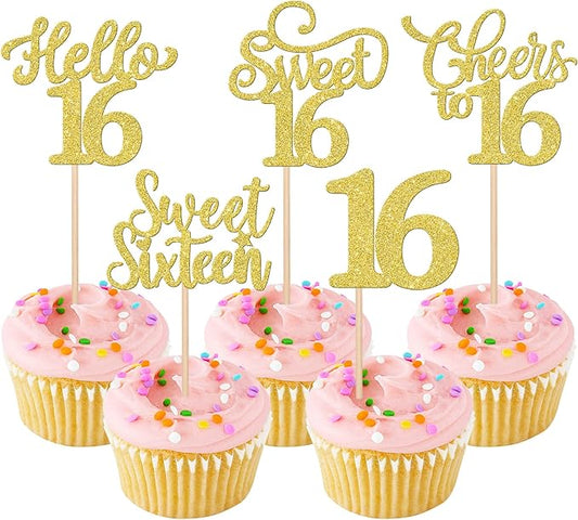 30PCS Happy 16th Birthday Cupcake Toppers Glitter Sweet Sixteen Hello 16 Cupcake Picks Cheers to 16 Birthday Decorations for 16th Birthday Anniversary Party Cake Decoration Supplies Gold