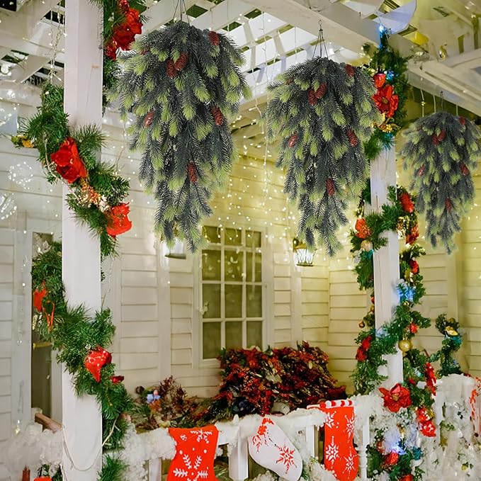 RECUTMS Artificial Christmas Teardrop Artificial Pine Branches with Pine Cones Green Plants Pines Needles Fake Hanging Plants Outdoors DIY Accessories for Christmas Home Garden Decor(Light Green)
