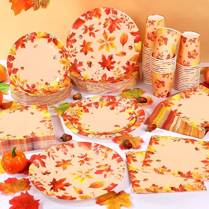 250 Pcs Fall Thanksgiving Party Decoration Colored Maple Fall Leaf Paper Plates Napkins and Cups Harvest Decorations Tableware Set for Autumn Leaves Theme Birthday Party Supplies, Serves 50