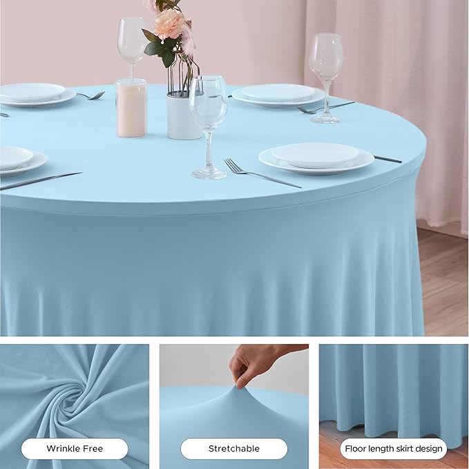 60 Inch Spandex Round Table Skirts ,Fitted Stretch Tablecloths for Round 5 ft Table, Wrinkle-Free Ruffle Design Tablecloths for Baby Shower, Banquets,Trade Shows, Parties, Events, Baby Blue,6 Pcs