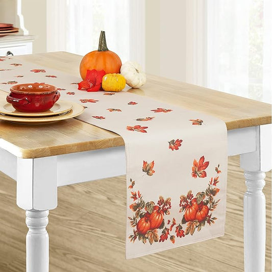 Lintex Thanksgiving Traditions Autumn Harvest Bordered Thanksgiving Fabric Table Runner, Autumn Fall Leaves and Pumpkin Patch Border Print 70” Long Table Runner