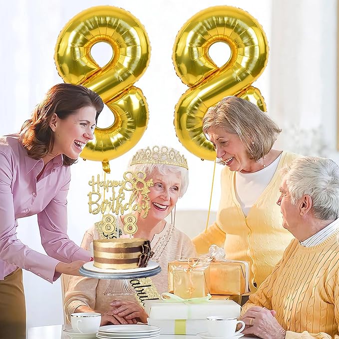 88th Birthday Decorations for Women Gold with 88th Birthday Sash and Tiara, Cake Topper and Candles, Number Balloons, 88 Year Old Gifts for Women