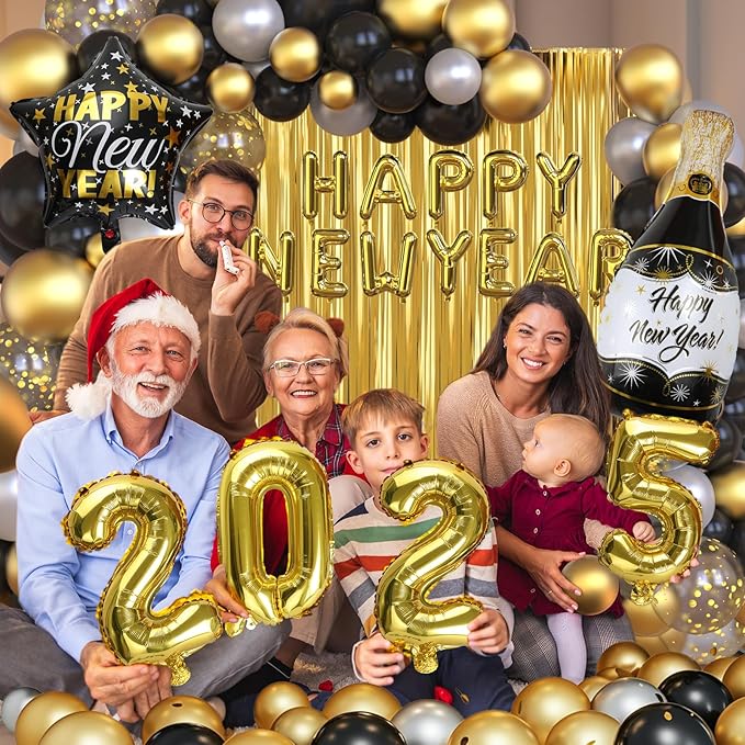 Nye Decorations 2025, Black and Gold Balloons 2025 Number Balloons Champagne Balloons New Year Banner Fringe Backdrop for New Years Eve Party Supplies 2025