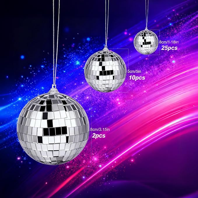 37 Pcs Disco 4D Ball, Silver Disco Mirror Ball, Fun Silver Hanging for Party Decoration, Christmas Tree Ornaments Disco Ball Cup Toppers Wedding Birthday Party Festive Dance