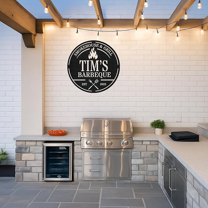 Custom BBQ Grill Metal Sign Personalized Name Wall Art for Outdoor Barbecue Patio Kitchen Backyard Decor Gift for Dad Husband Men Papa Grandpa Father Grilling Enthusiasts Family Lover Funny Gifts 64