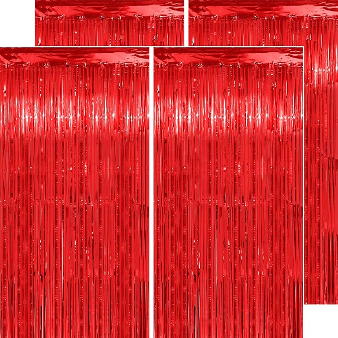 Christmas Decorations Red Streamers - Thicken 4 Pack 3.2 x 8.2 FT - Red Tinsel Foil Fringe Curtains Party Backdrop for Birthday, Casino, Carnival, Cherry, Hollywood Red Carpet Party Decorations