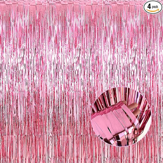 4 Pack Pink Foil Fringe Curtain Backdrop, 3.28Ft x 8.2Ft Metallic Tinsel Foil Fringe Streamer Curtains for Photo Booth Props, Birthday, Wedding, Valentine's Day Decoration Party Supplies