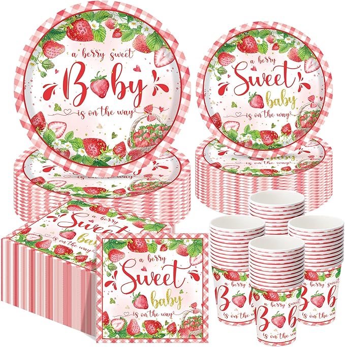 250 Pcs Strawberry Baby Shower Party Supplies for Girls Strawberry Paper Plates Napkins and Cups Party Tableware Set A Berry Sweet Baby Is on The Way Berry Shortcake Decorations, Serves 50