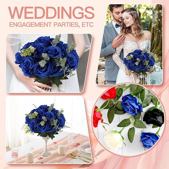 Tifuly 50 Pcs Blue Roses Artificial Flowers Bulk,Realistic Long Stem Fake Silk Roses for Wedding Centerpiece Table Vases Party Home Kitchen DIY Bouquets Decor